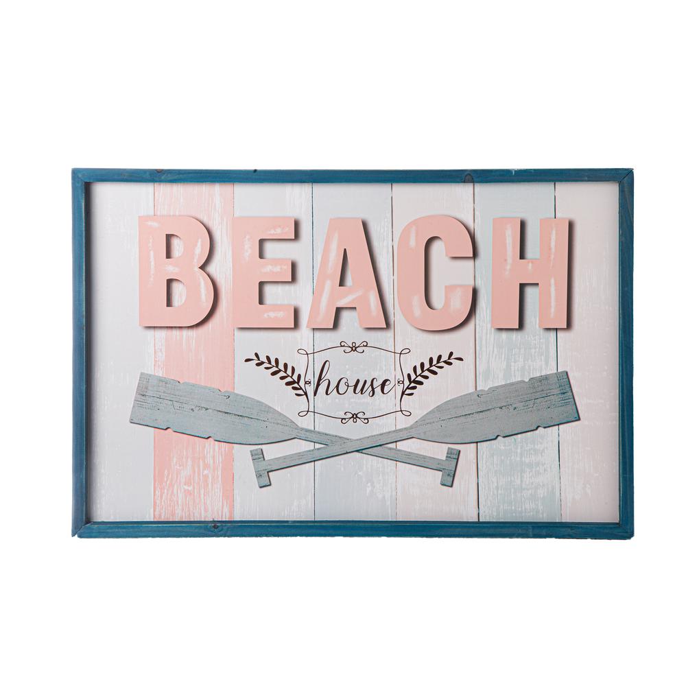 Wood Rectangle Wall Decor with Blue Frame "BEACH" Writing Rough Finish Polychromatic. Picture 1