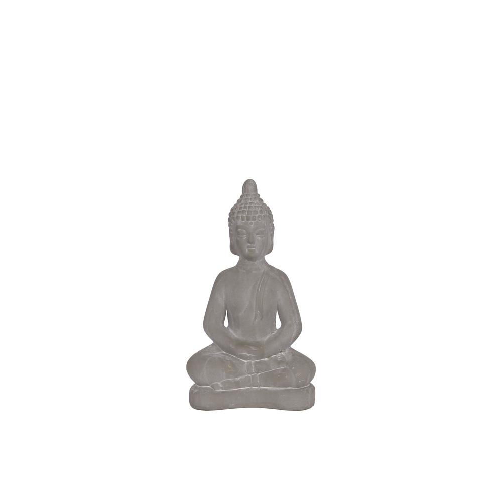 Terracotta Meditating Buddha Figurine with Rounded Ushnisha in Dhyana Mudra Washed  Finish Gray, Small. Picture 1