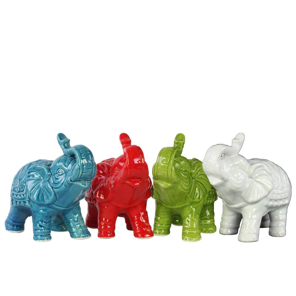 Ceramic Standing Trumpeting Elephant Figurine Gloss Finish Assorted Color (Turquoise, Red, White and Green), ASST of 4. The main picture.