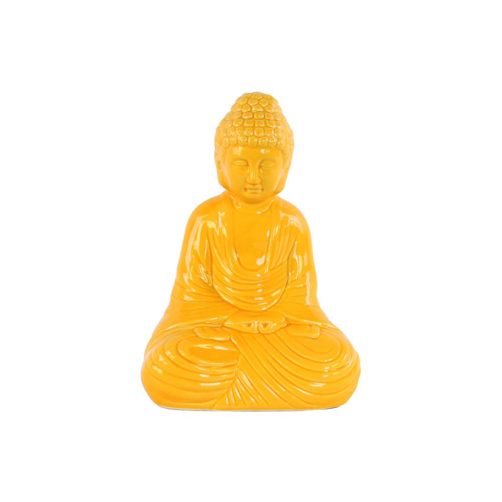 Ceramic Meditating Buddha Figurine with Rounded Ushnisha in Dhyana Mudra Gloss Finish Yellow. Picture 1