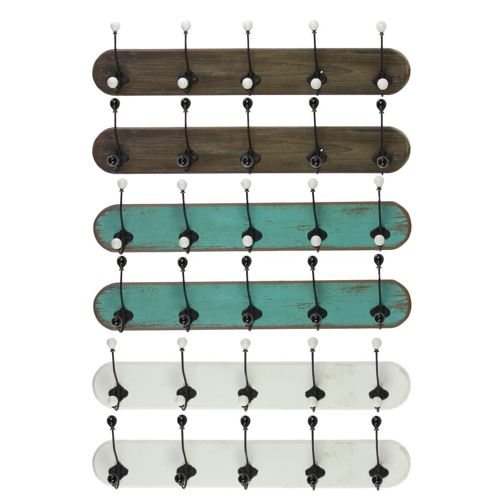 Wooden Wall Decor with 5 Double Hooks LG Assortment of Six Stained Wood Finish Assorted Color (Brown, Turquoise and White). The main picture.