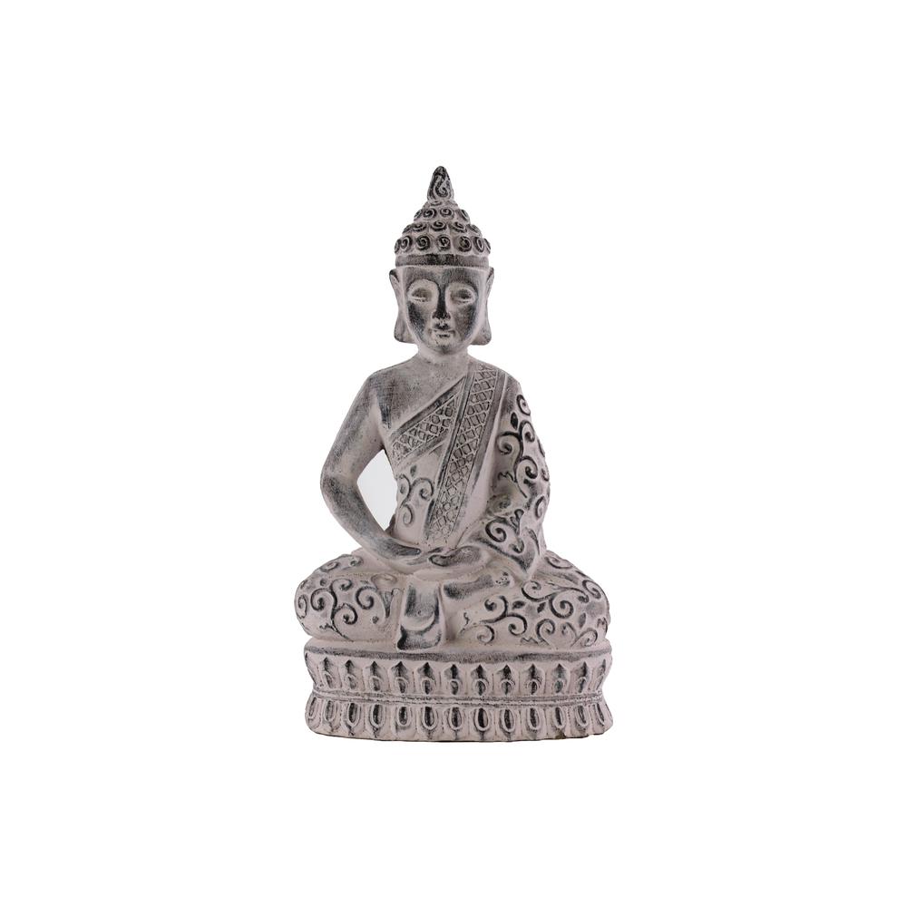 Terracotta Meditating Buddha Figurine with Pointed Ushnisha in Dhyana Mudra on Double Lotus Base Washed Finish Gray. The main picture.