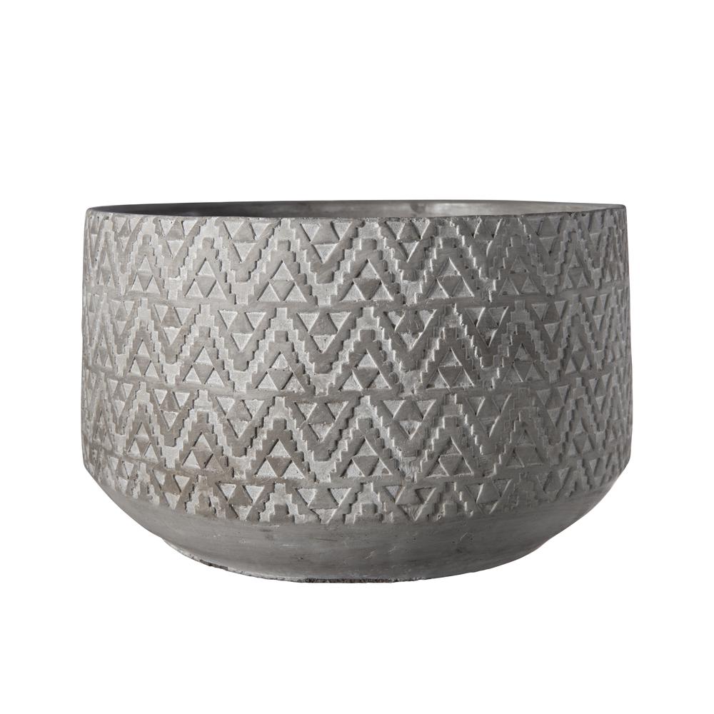 Cement Round Pot with Embossed Triangular Tribal Pattern Design Body on Base Natural Finish Gray. Picture 1
