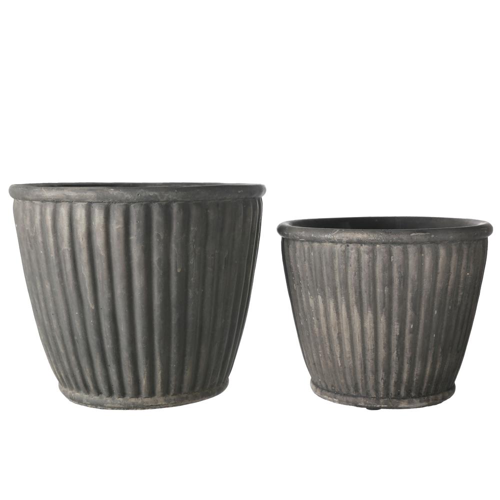 Cement Round Pot with Molded Vertical Line Pattern Design Body Set of Two Distressed Finish Gray. The main picture.