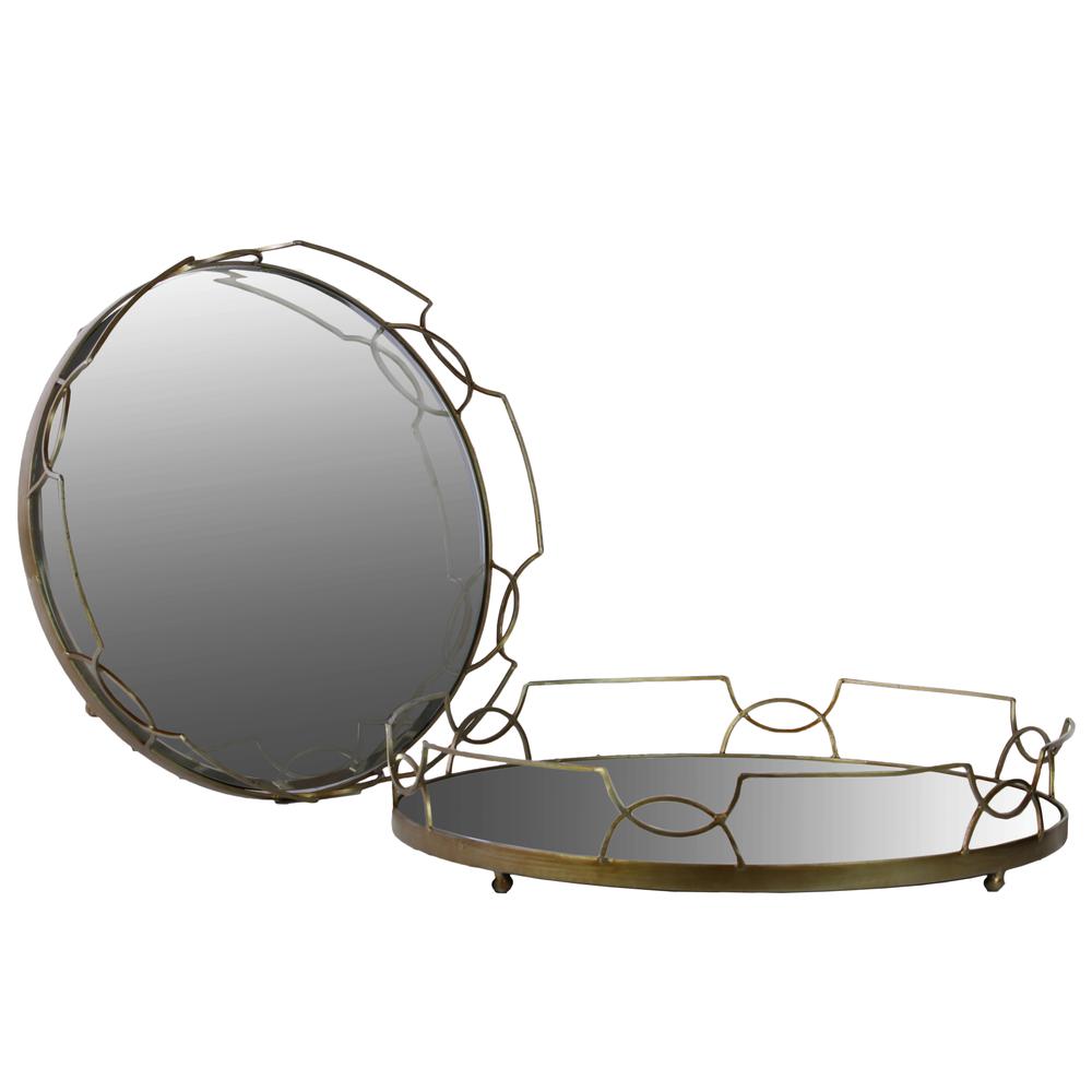 Metal Round Tray with Metal Handles and Mirror Surface Set of Two Metallic Finish Gold. The main picture.