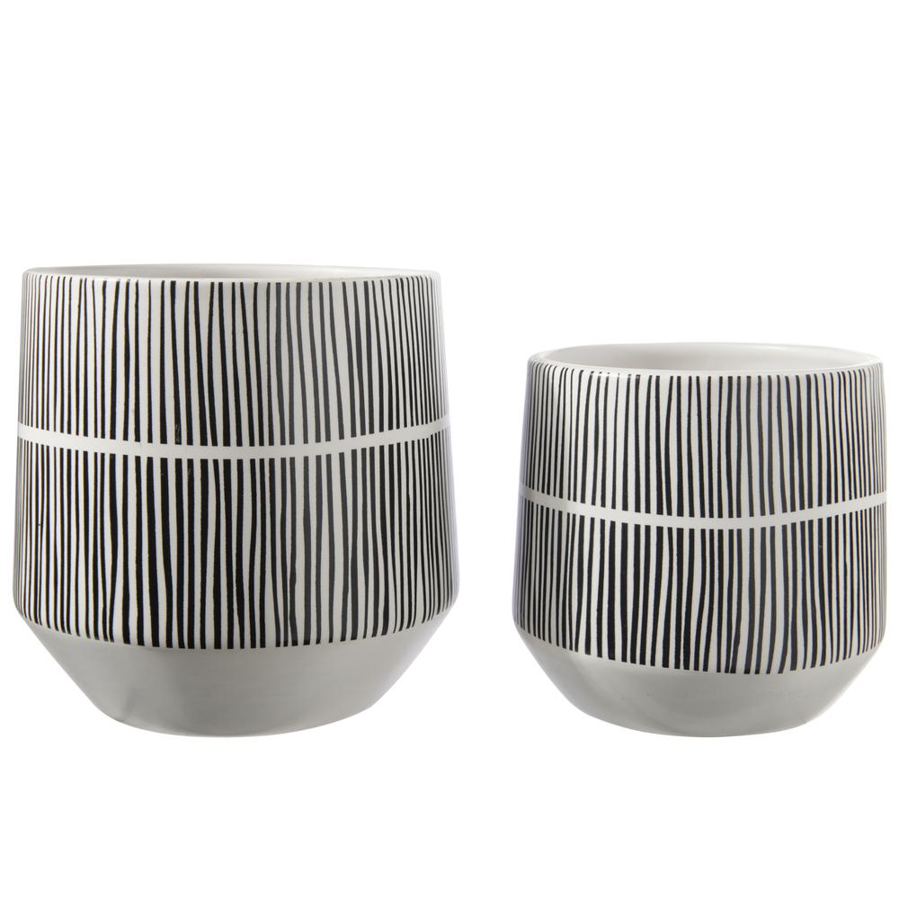 Ceramic Round Pot with Black Optical Illusion Pattern Design Body and Tapered Bottom Set of Two Matte Finish White. The main picture.