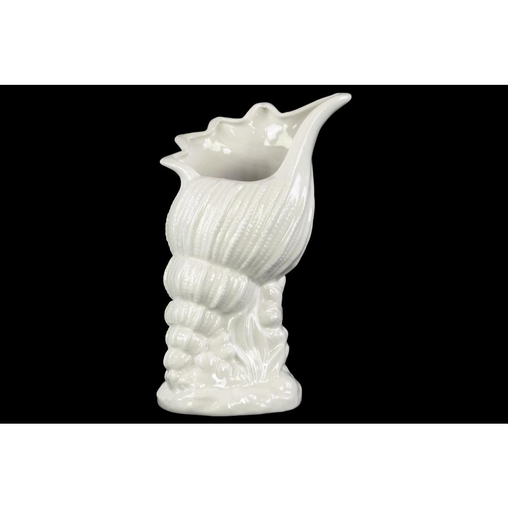 Ceramic Conch Seashell Sculpture on Wave Base Gloss Finish White. Picture 1