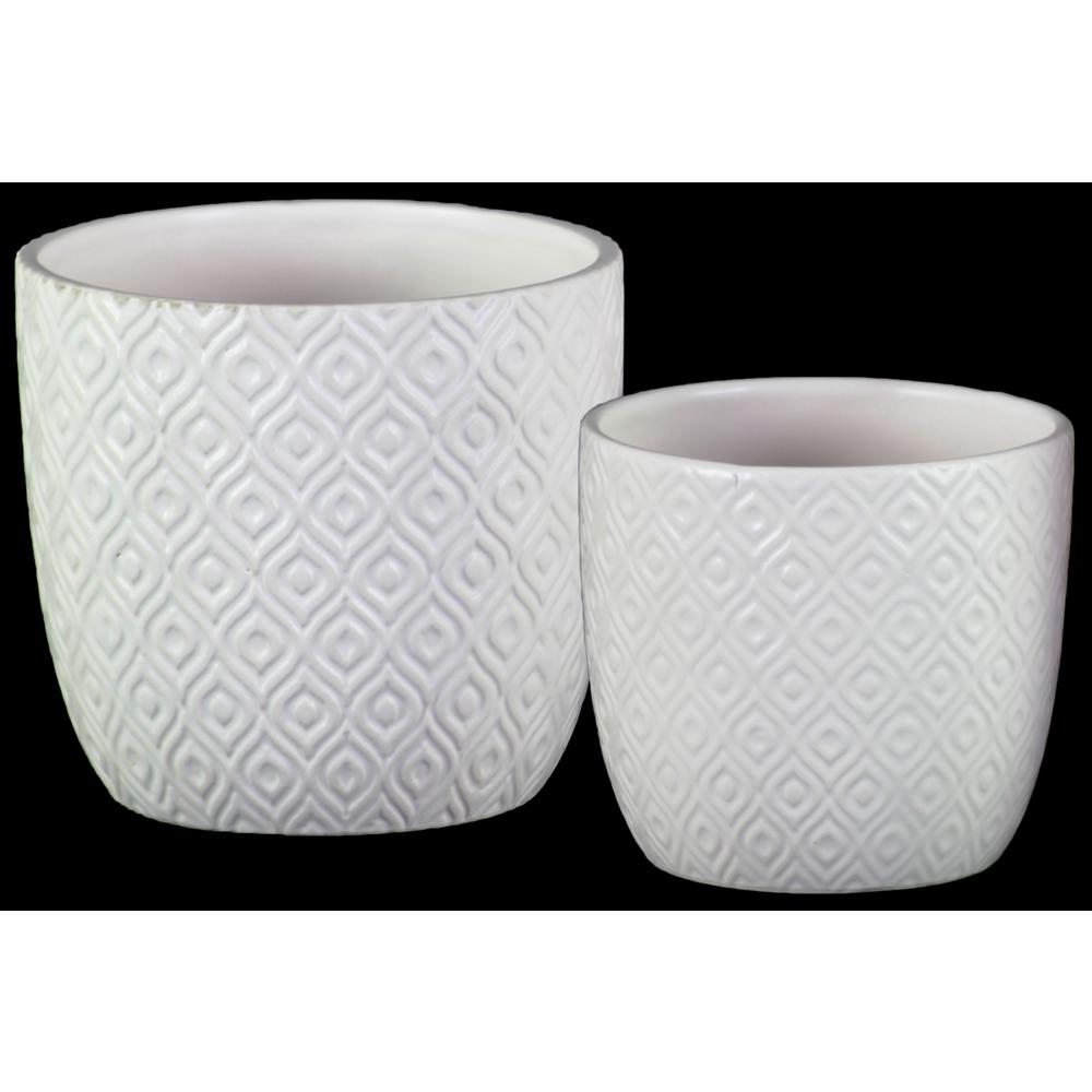 Ceramic Square Pot with Embossed Diamond Design Body Set of Two Matte Finish White. Picture 1