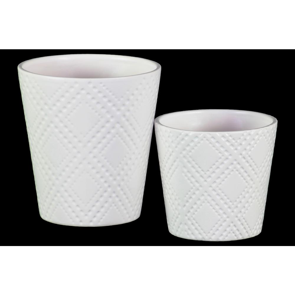 Ceramic Round Pot with Embossed Classic Pattern Design Body Set of Two Matte White. Picture 1