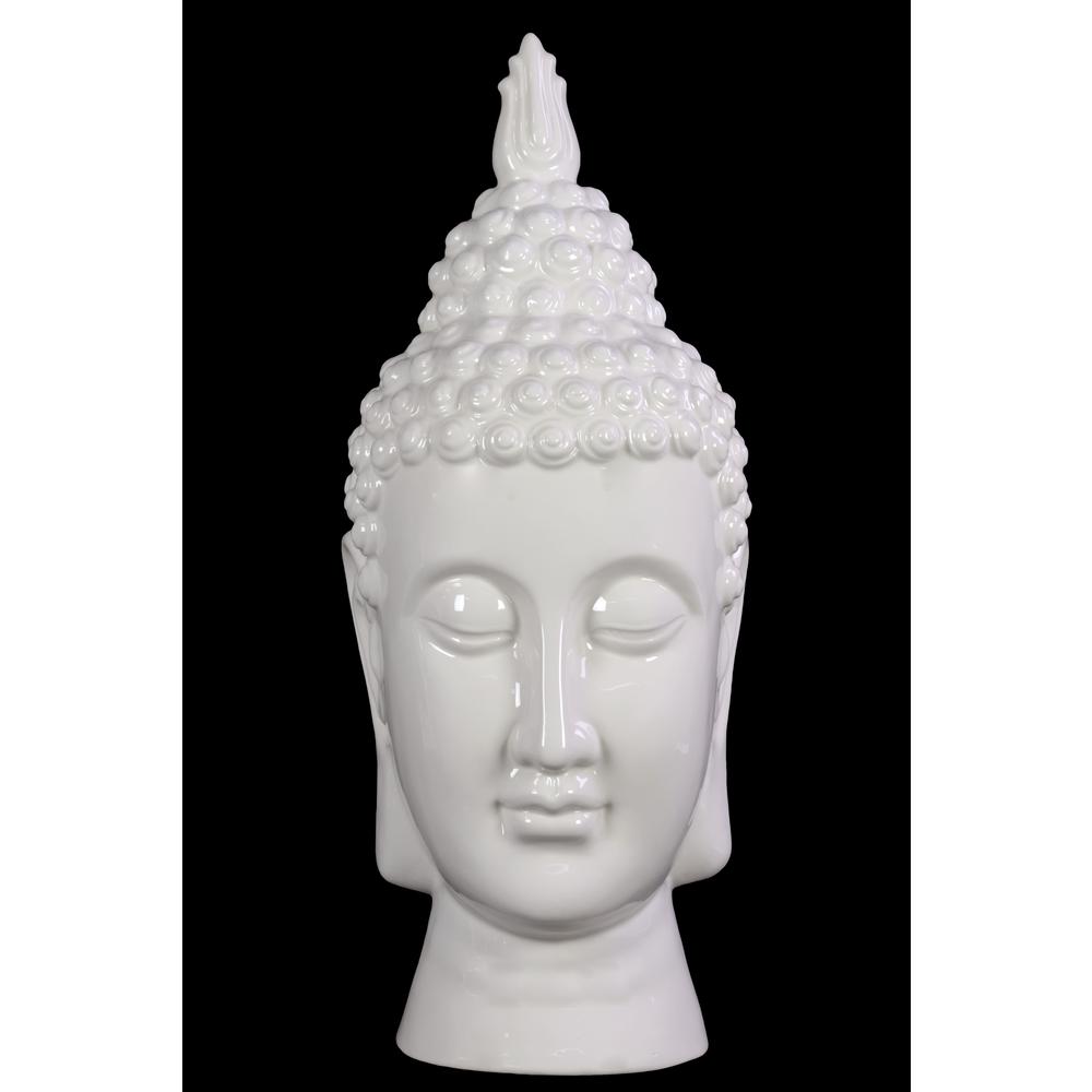 Ceramic Buddha Head with Pointed Ushnisha and Elongated Face FigurineGloss Finish White. Picture 1