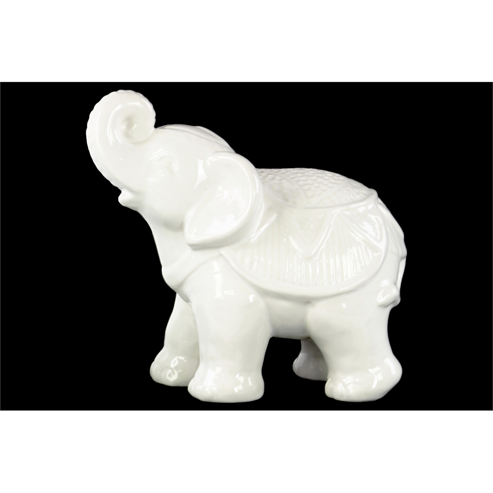 Ceramic Standing Trumpeting Ceremonial Elephant Figurine Gloss Finish White. Picture 1
