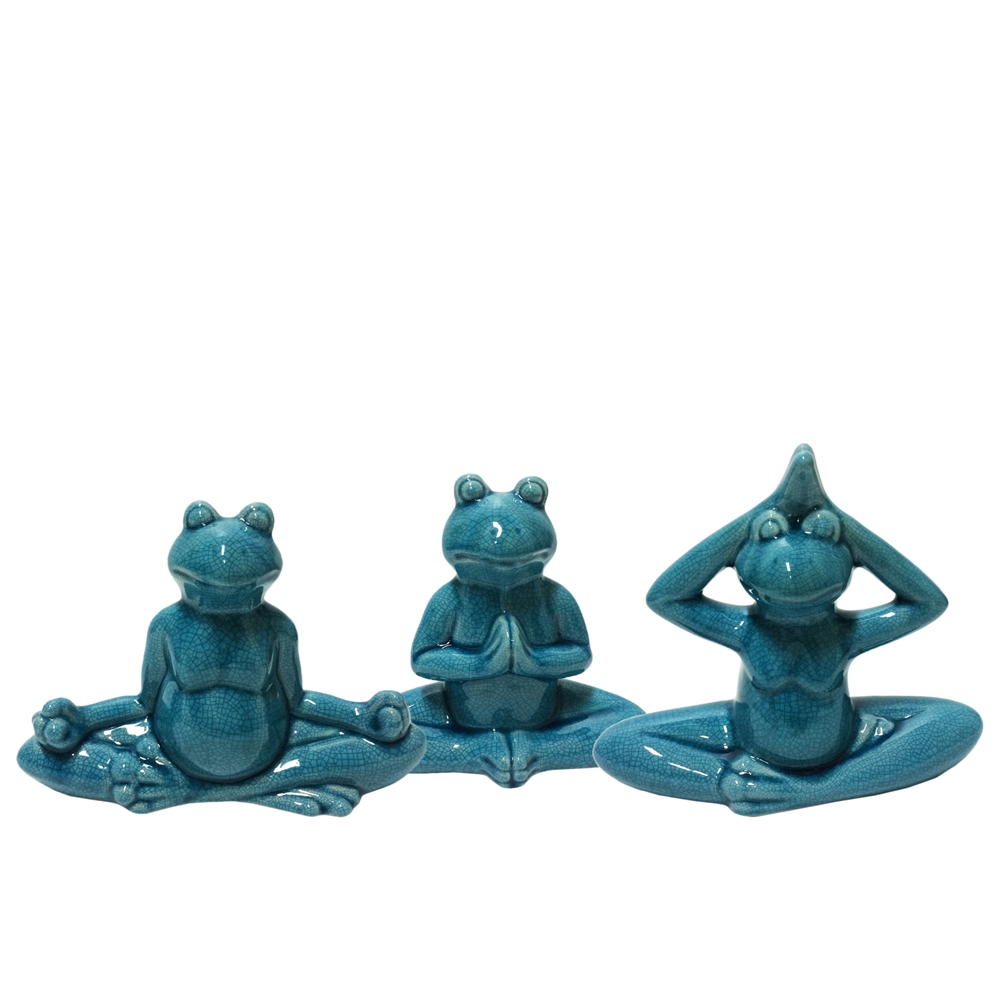 Ceramic Meditating Frog Figurine in Assorted Yoga Position Assortment of Three Distressed Gloss Finish Blue. Picture 1