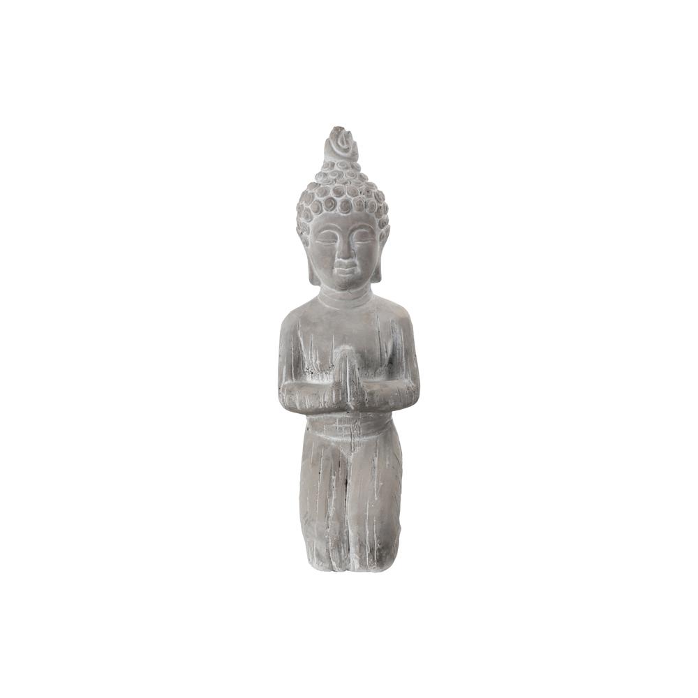 Cement Kneeling Buddha Figurine in Anjali Mudra Meditating Position Washed Finish Gray. The main picture.