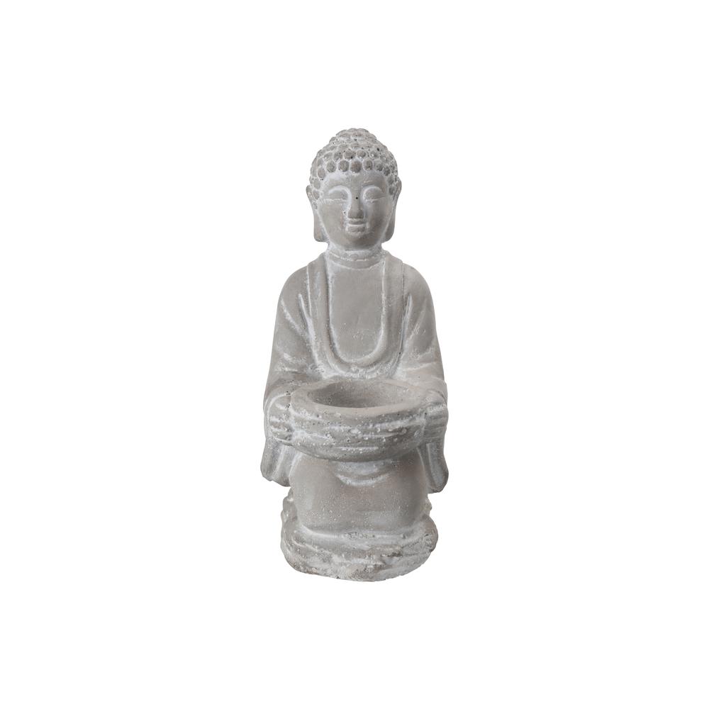 Cement Kneeling Buddha Figurine with Front Cadle Holder on Flat Base Washed Finish Gray. Picture 1