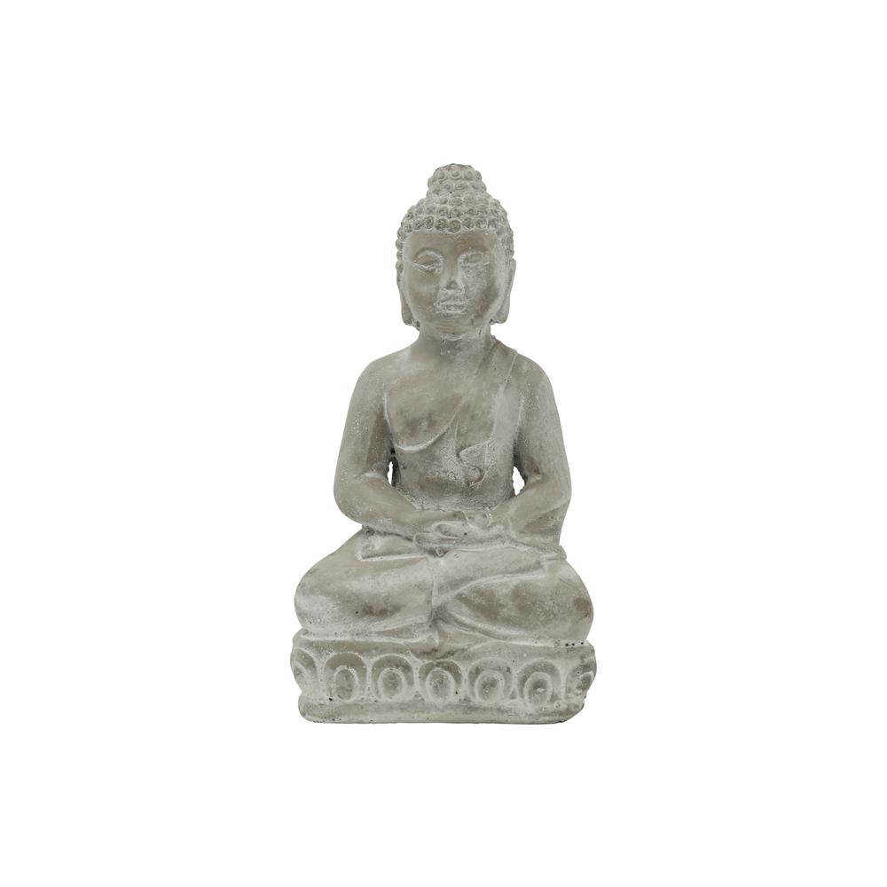 Cement Sitting Buddha Figurine in Dhyana Mudra Meditating Position on Flat Base Natural Finish Gray. Picture 1