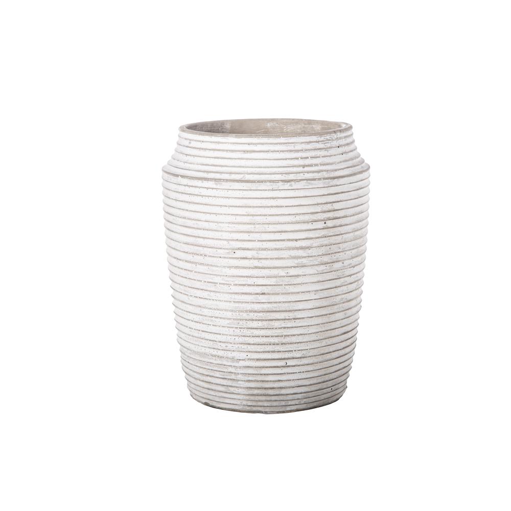 Cement Round Pot with Embossed Stripe Pattern Design Body and Tapered Bottom Washed Concrete Finish White, Large. The main picture.