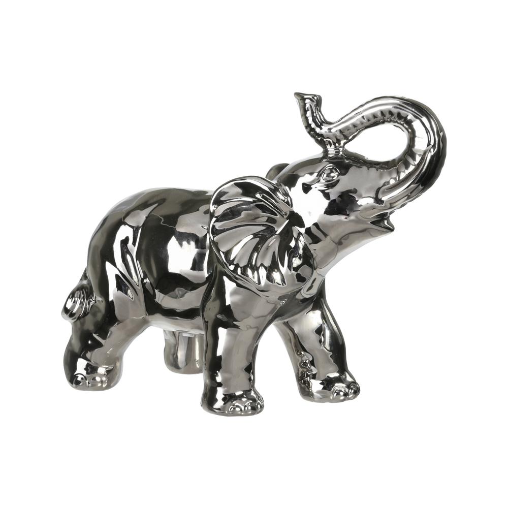 Ceramic Standing Elephant with Trunks on the Head Figurine Chrome Finish Silver. Picture 1
