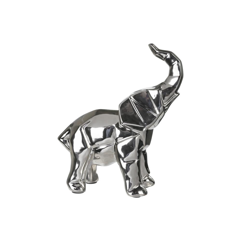 Ceramic Standing Elephant with Trunks High Figurine Chrome Finish Silver. Picture 1