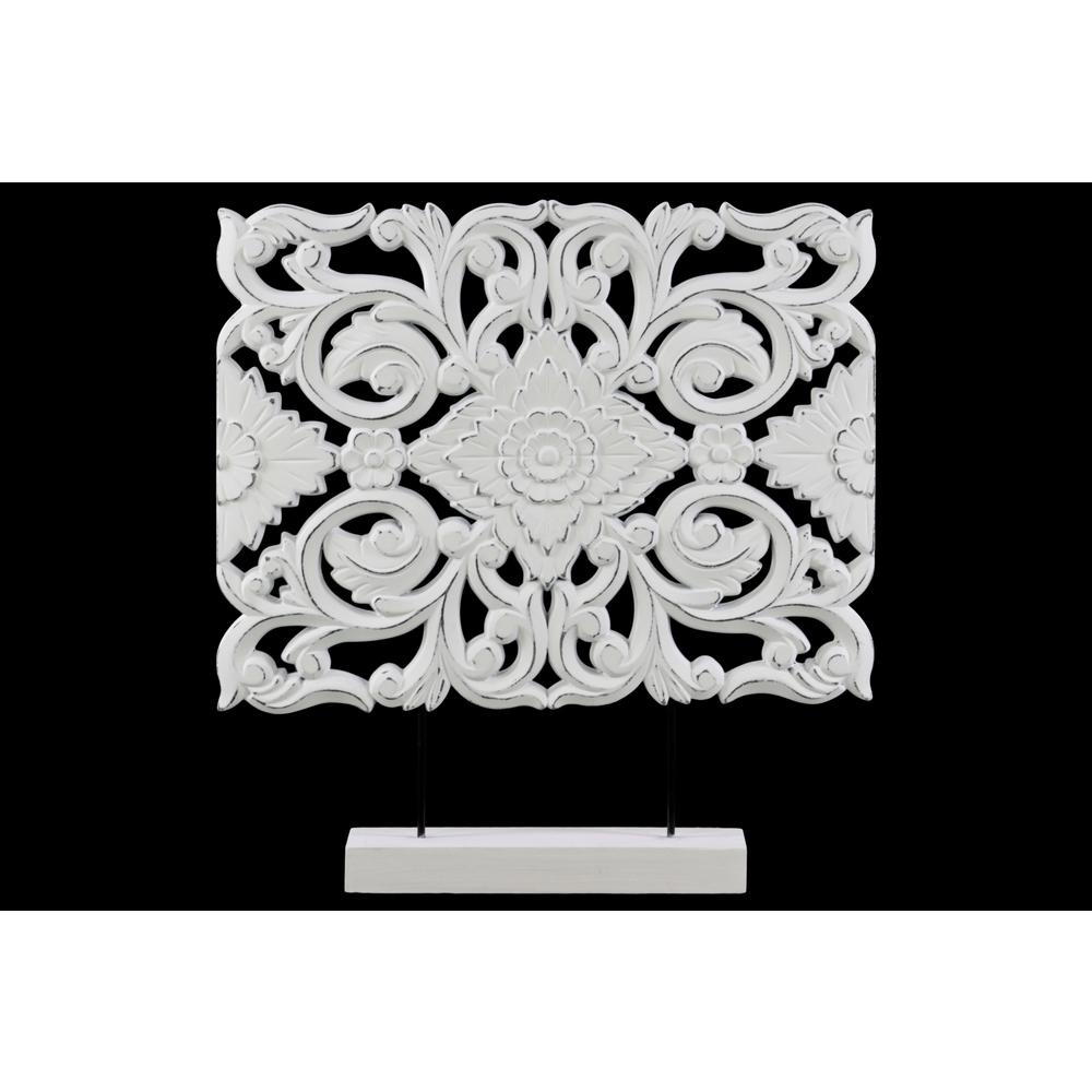 Wood Wide Rectangular Filigree Ornament on Rectangular Stand-Matte Finish White. The main picture.