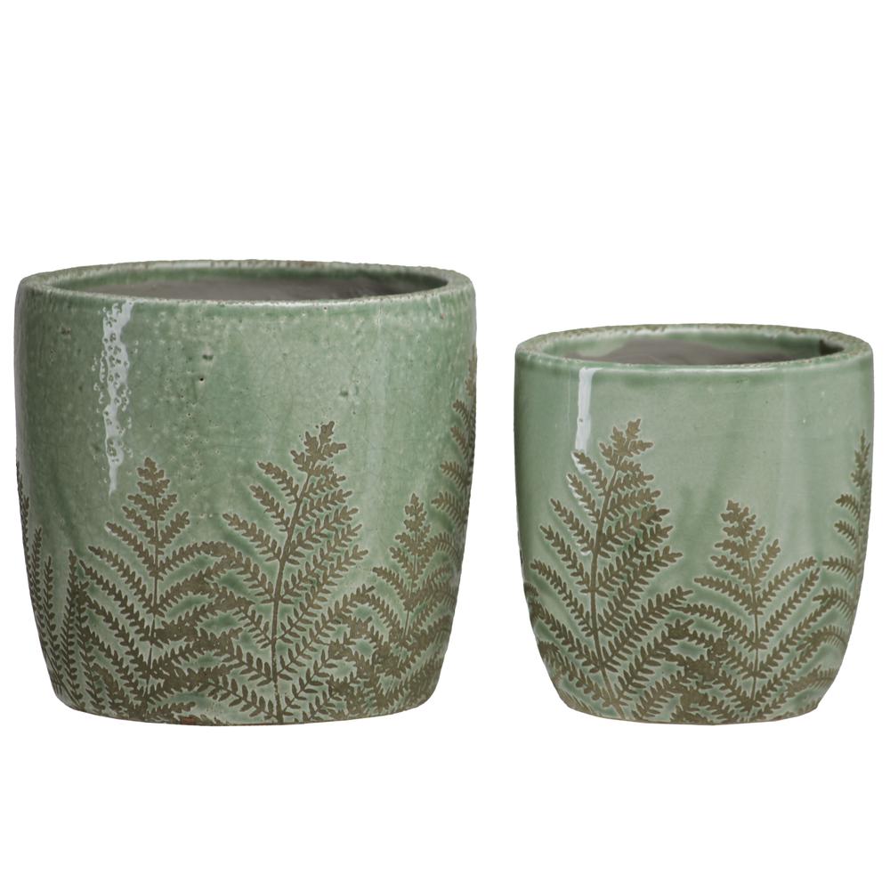 Terracotta Round Pot with Fern Leaf Design Body Set of Two Shiny Finish Green. Picture 1