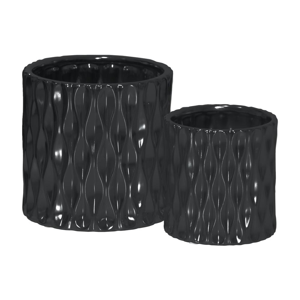 Ceramic Cylindrical Pot wth Wide Mouth and Embossed Wave Design Body Set of Two Matte Finish Black. The main picture.