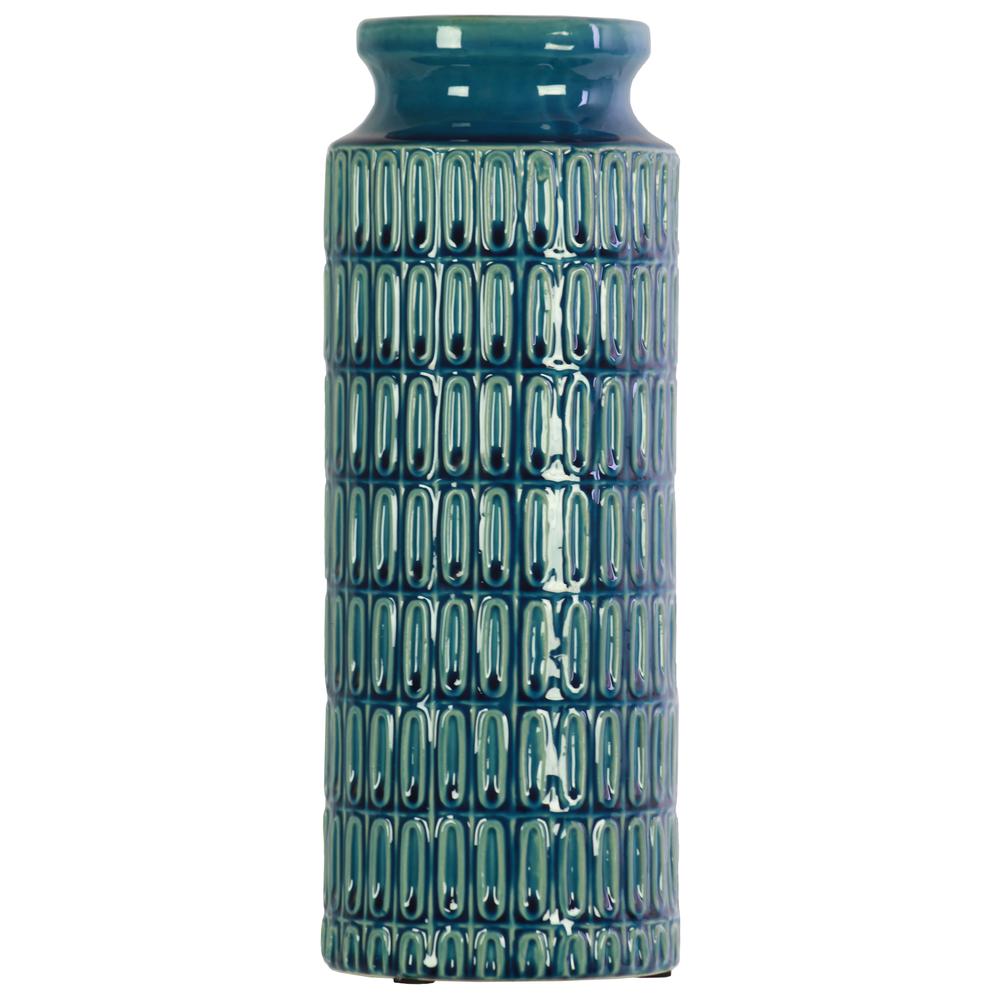 Ceramic Tall Round Vase with Wide Mouth, Short Neck and Embossed Banded Oval Pattern Design Body Gloss Finish Blue. Picture 1