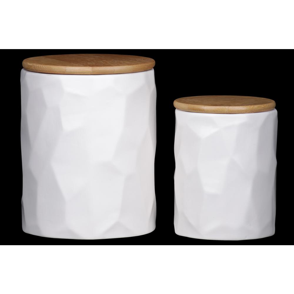 Ceramic Round Canister with Wooden Lid and Hammered Design Body Set of Two Coated Finish White. The main picture.