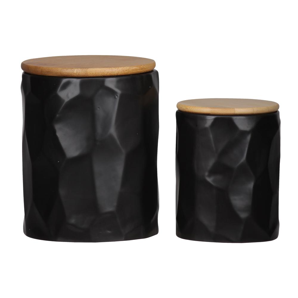 Ceramic Round Canister with Wooden Lid and Hammered Design Body Set of Two Coated Finish Black. The main picture.