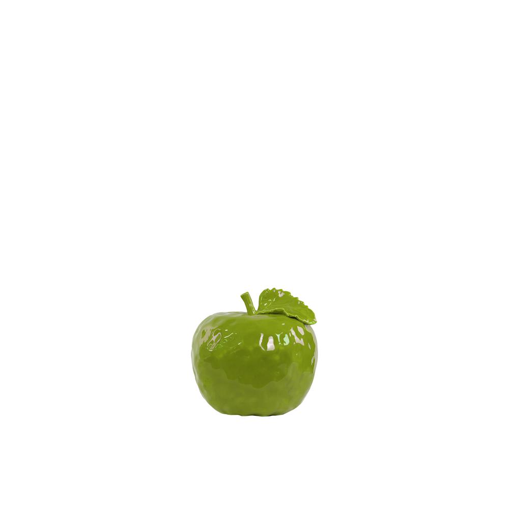 Ceramic Apple Figurine with Stem and Leaf SM Dimpled Gloss Finish Green. Picture 1