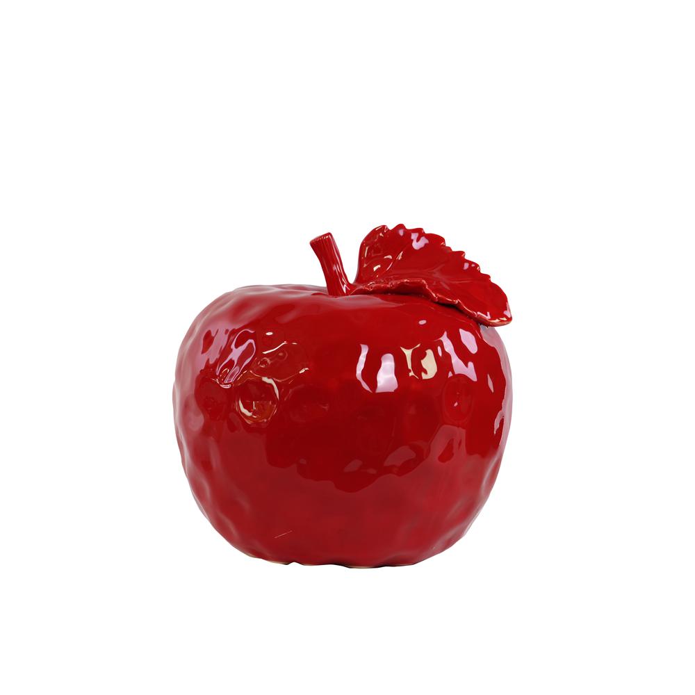 Ceramic Apple Figurine with Stem and Leaf MD Dimpled Gloss Finish Red. Picture 1