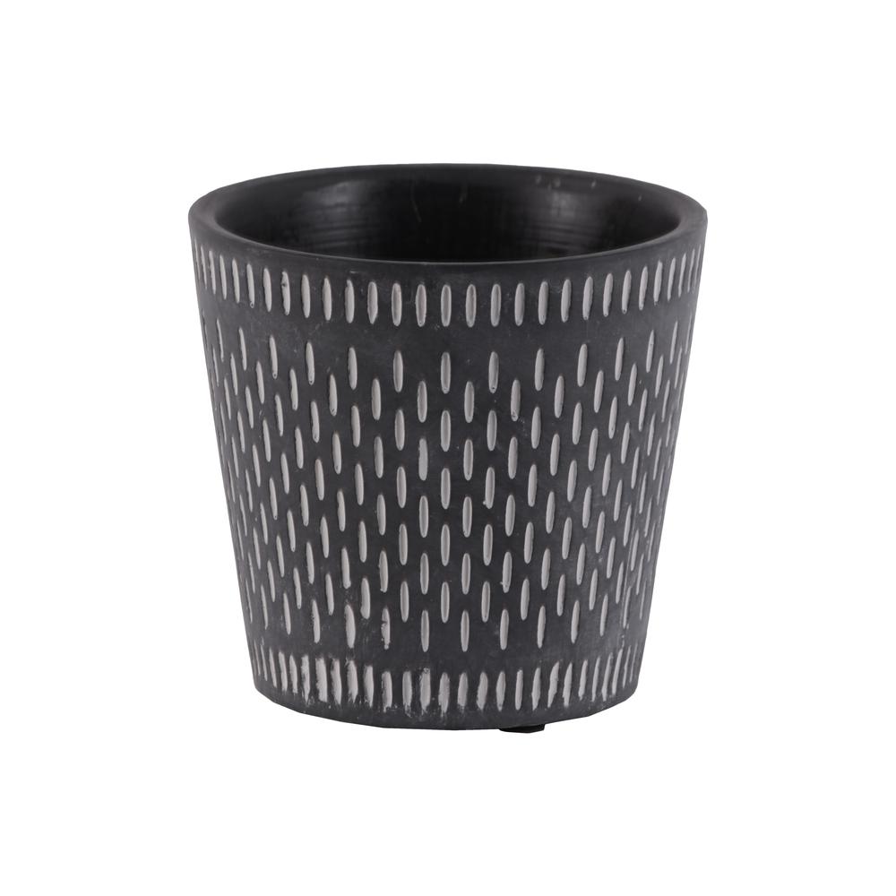 Terracotta Round Pot with Lattice Oblong Design Body and Tapered Bottom Washed  Finish Black. The main picture.