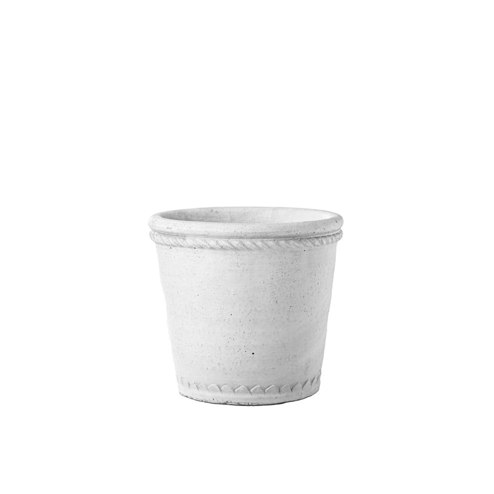 Cement Round Pot with Bottle Ring Mouth, Upper Molded Rope Banded Design and Tapered Bottom Washed Finish White, Small. Picture 1