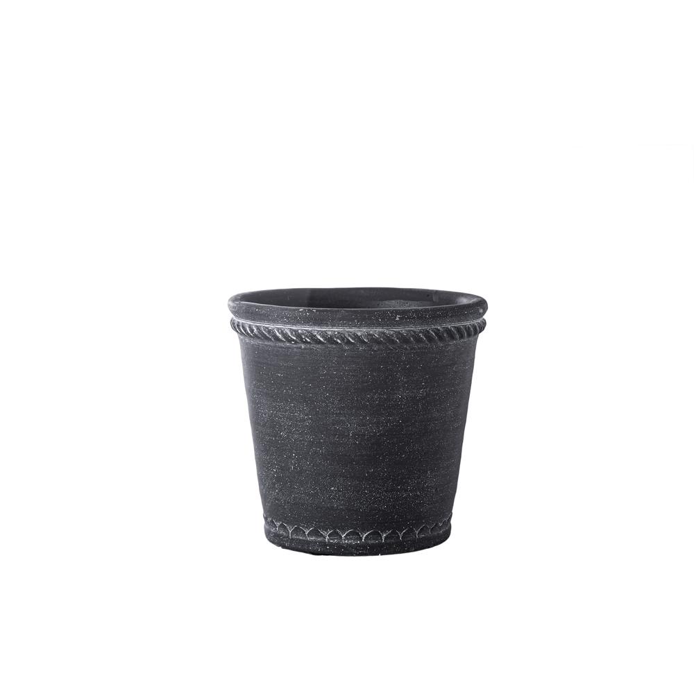 Cement Round Pot with Bottle Ring Mouth, Upper Molded Rope Banded Design and Tapered Bottom Washed Finish Gray, Small. The main picture.