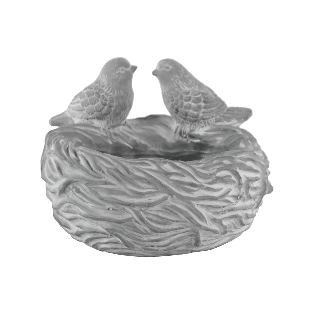 Cement Round Bowl with Bird Figurine and Nest Design Body Washed Concrete Finish Gray. Picture 1