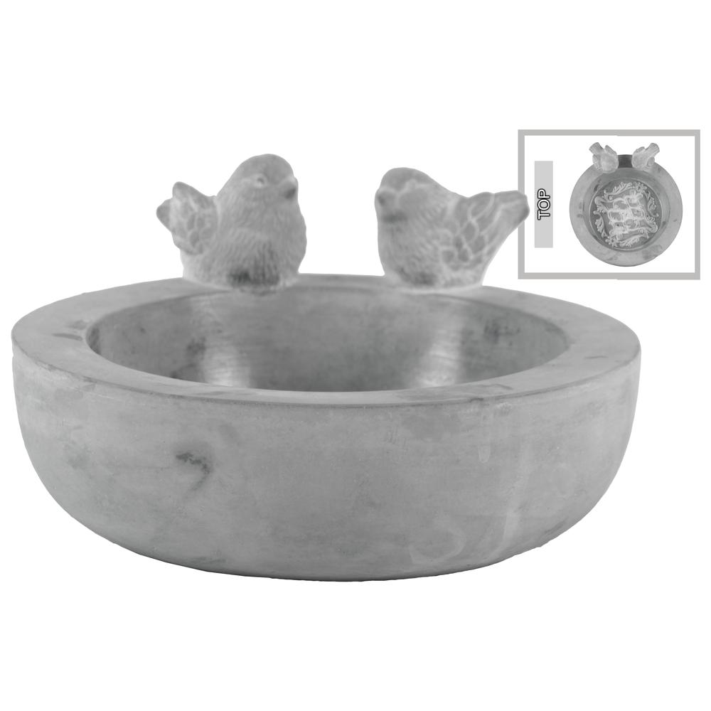 Cement Round Bird Bath with Figurine on Top and Engraved Design Surface Washed Concrete Finish Gray. The main picture.