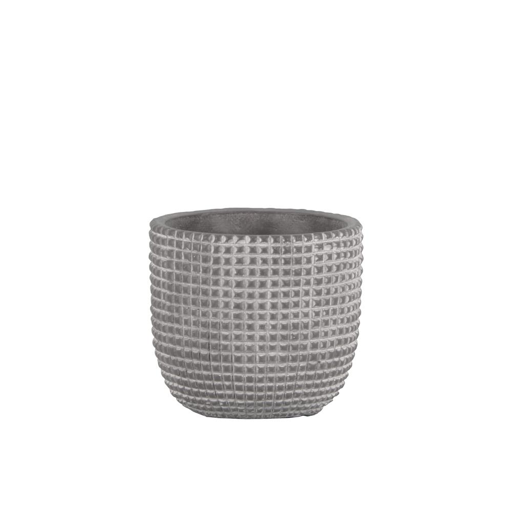 Cement Round Pot with Engraved Square Lattice Tapered Bottom Natural Finish Light Gray, Small. Picture 1