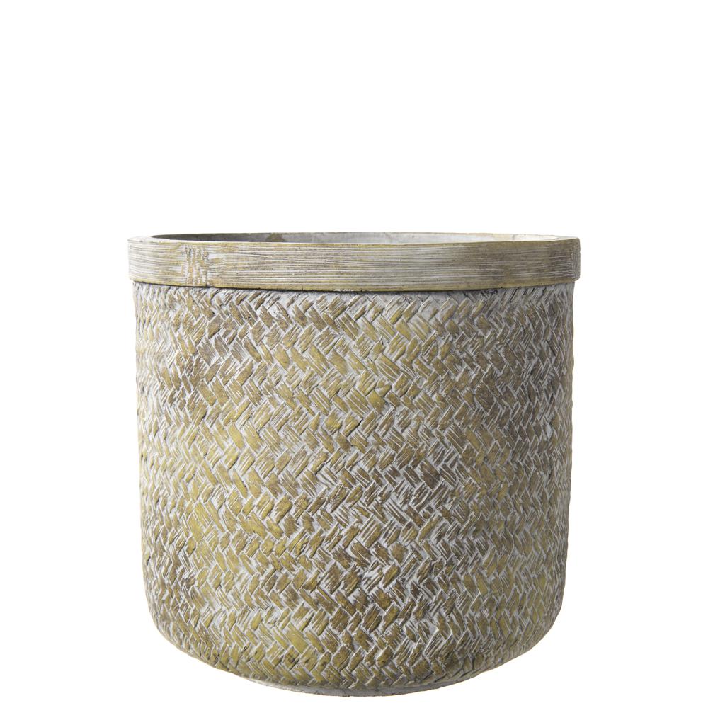 Cement Round Pot with Banded Lip and Basket Weaved Design Body LG Washed Finish Brown. Picture 1