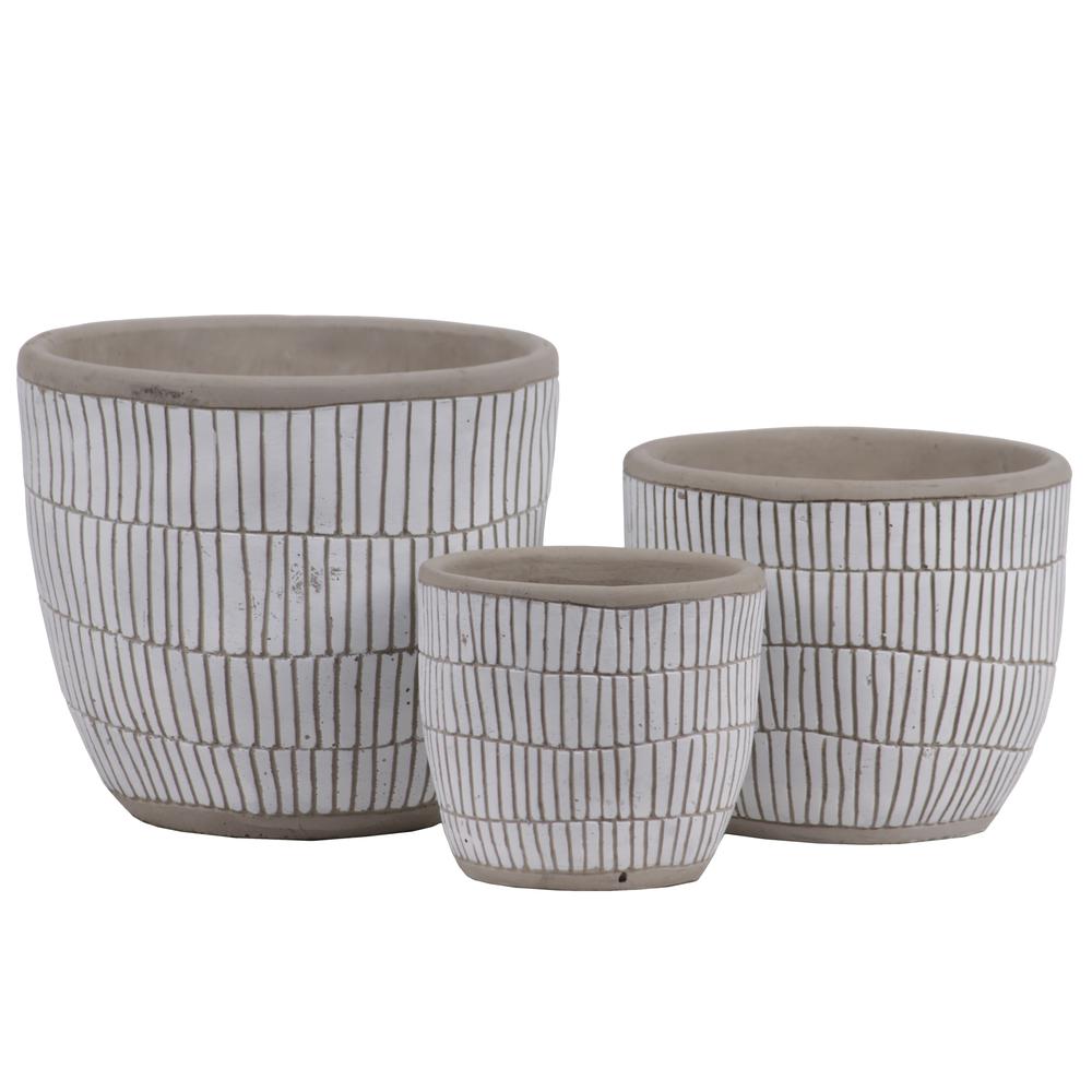 Ceramic Round Pot with Banded Rim Top and Bottom, Embossed Lattice Rectangle Design, Irregular Body and Tapered Bottom Set of Three Painted Finish White. The main picture.
