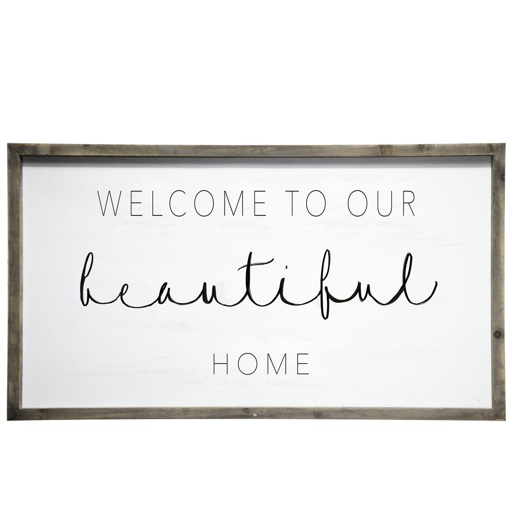Wood Rectangle Wall Decor with Frame and Printed "WELCOME TO OUR BEAUTIFUL HOME" Painted Finish White. Picture 1