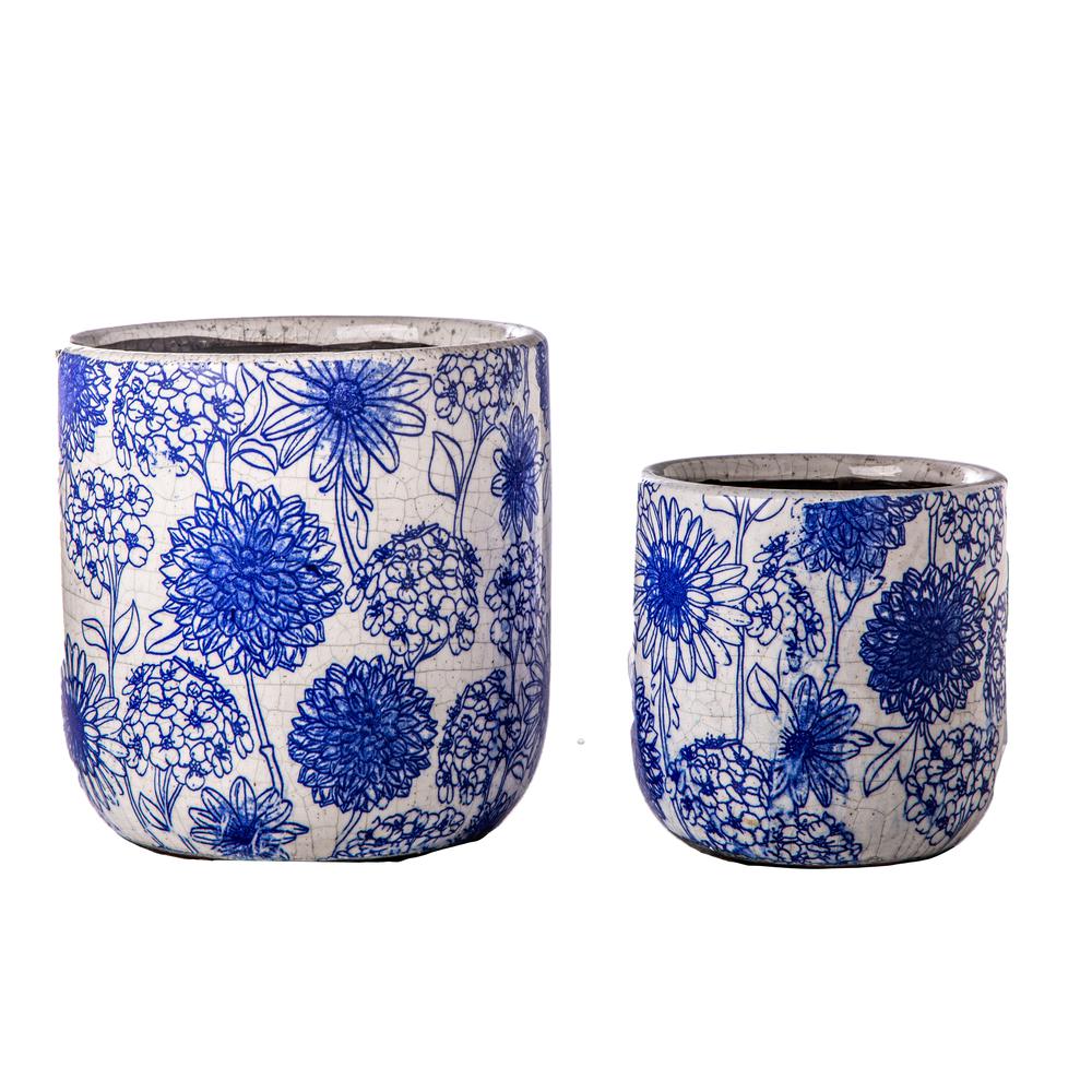 Ceramic Round Pot with Floral Combination and Crackled Design Body Gloss Finish Blue, Set of 2. The main picture.