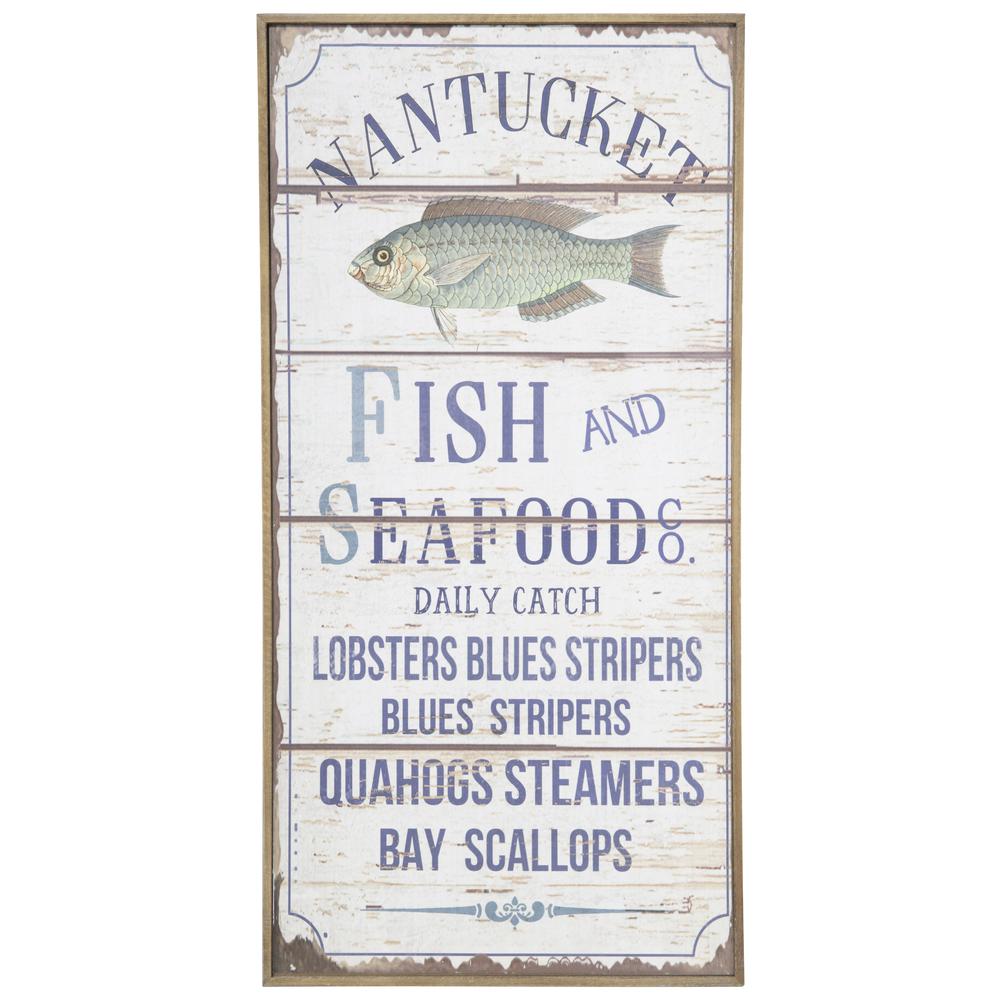 Wood Rectangle Wall Art with Printed "Mantucket Fish and Seafoods" Design Distressed Finish Beige. Picture 1