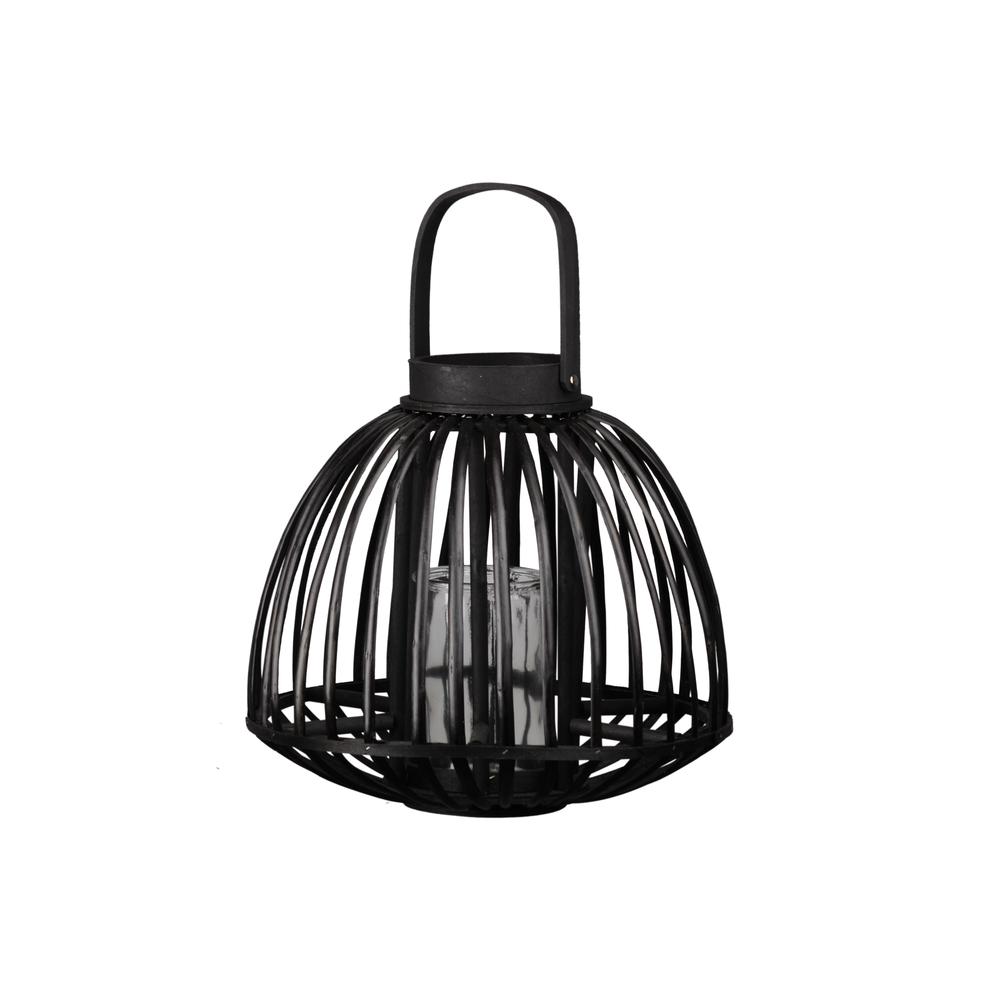 Bamboo Round Bellied Lantern with Top Handle, Vertical Line Lattice Design Body and Hurracane Glass Candle Holder LG Coated Finish Black. Picture 1