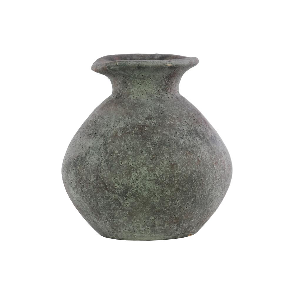 Terracotta Bellied Round Flower Pot with Uneven Lips, Short Neck and Tapered Bottom Washed Concrete Finish Gray. The main picture.