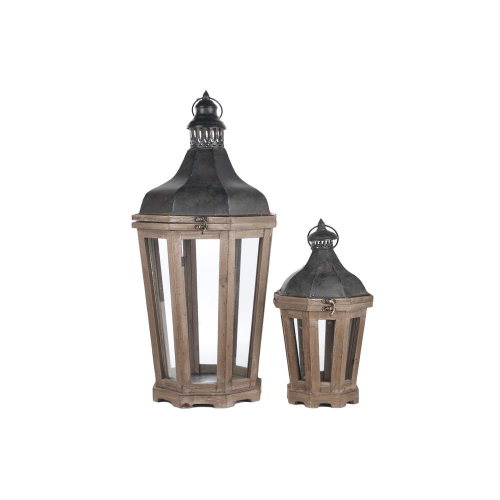Wood Octagon Lantern with Distressed Black Metal Fliptop, Ring Hanger and Glass Covered Sides Set of Two Natural Finish Dark Brown. Picture 1