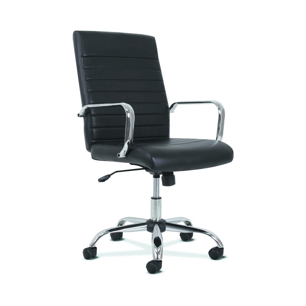Sadie Executive Computer Chair- Fixed Arm for Office Desk, Black Leather with Chrome Accents (HVST511). The main picture.