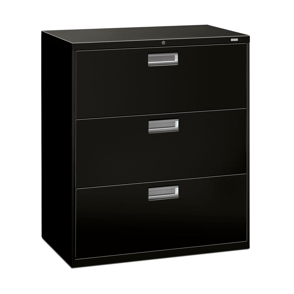 HON Brigade 3-Drawer Filing Cabinet - 600 Series Lateral Legal or Letter File Cabinet, Black (H683). Picture 1