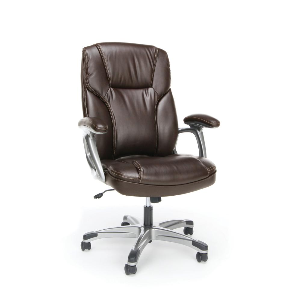 OFM ESS-6030 High-Back Bonded Leather Chair with Fixed Arms, Brown. The main picture.
