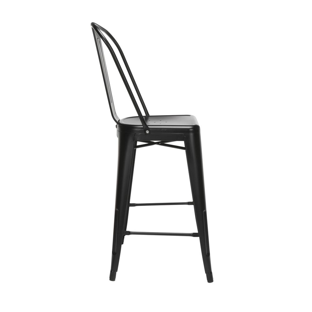 The OFM 161 Collection Industrial Modern 26" High Back Metal Bar Stools, 4 Pack, provide a sophisticated counter height seating solution for cafe tables and bars, suitable for indoor/outdoor settings.. Picture 4