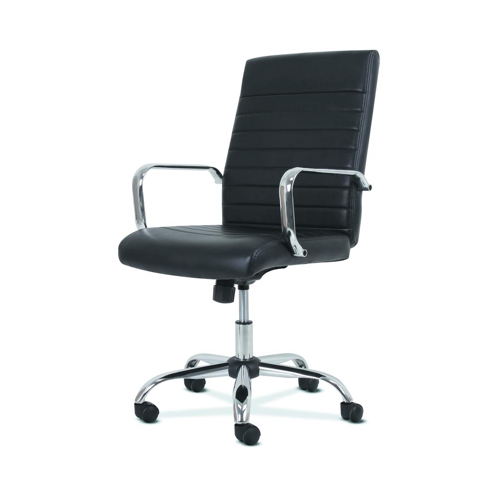 Sadie Executive Computer Chair- Fixed Arm for Office Desk, Black Leather with Chrome Accents (HVST511). Picture 2