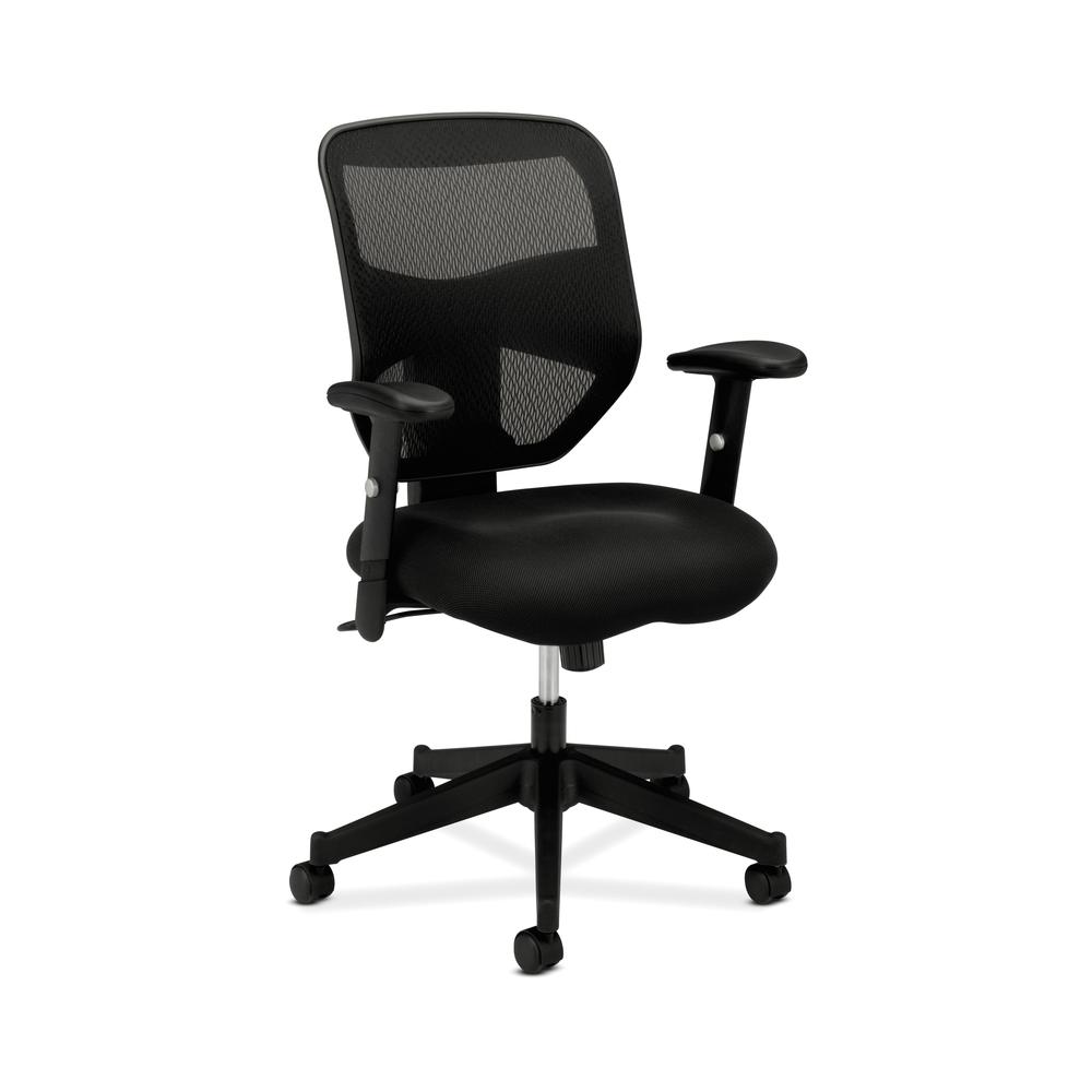 Prominent Mesh High-Back Task Chair | Center-Tilt, Tension, Lock | Adjustable Arms | Black Sandwich Mesh Seat. The main picture.